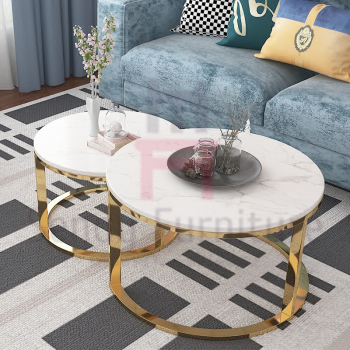 Custom Made Double Round Stainless Steel Coffee Table Marble Top For Salon / Event