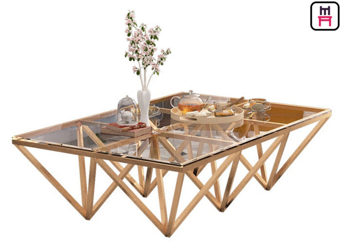 Indoor Tempered Glass Top Stainless Steel Coffee Table With Triangle Geometrical Base