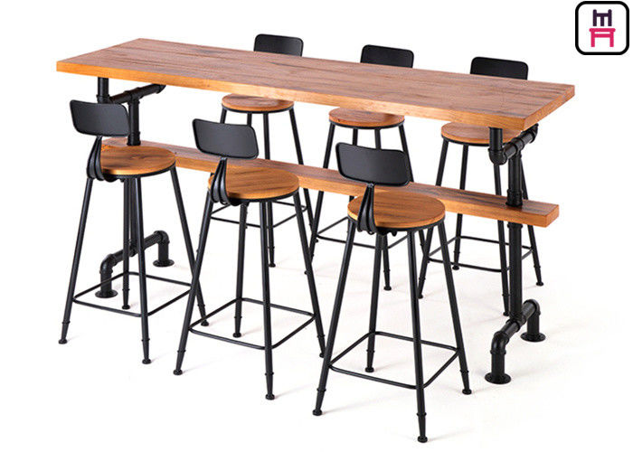 Solid Wood Top Restaurant Bar Tables Tube Design Base With Comfotable Footrest