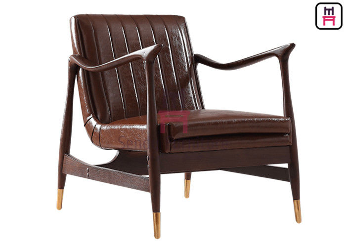 Brown Leather Single Sofa Chair Ash Wood Frame With Copper Feet 73 * 68 * 85cm