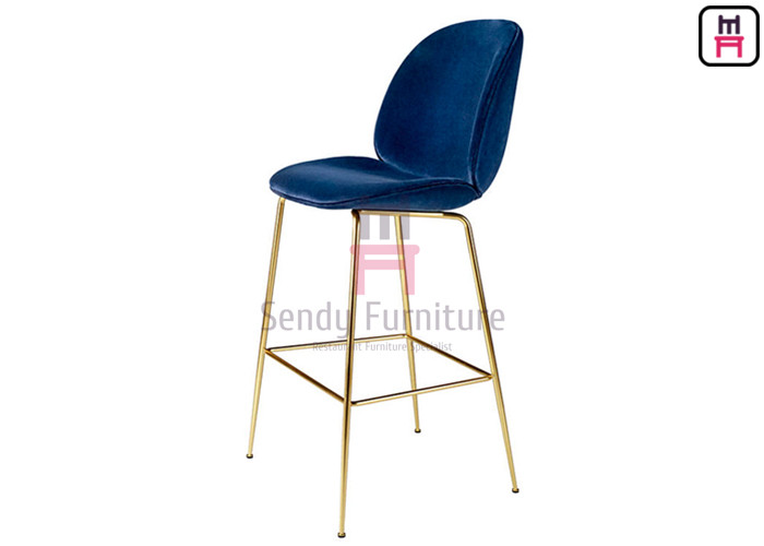 Customized Restaurant Bar Stools , Gray Velvet Upholstered Bar Stools With Iron Legs