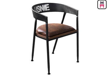 Loft Leather And Metal Dining Chairs , Industrial Black Metal Dining Chairs With Arms