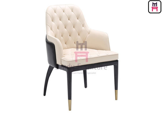 Modern Wood Restaurant Chairs With Dual - Colors Leather Upholstered Button Decoration