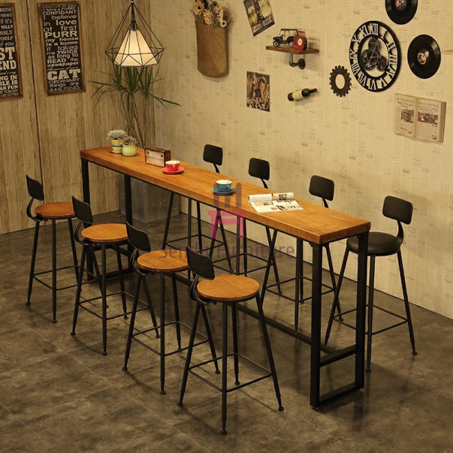 Industrial Metal Base Long Bar Height Table Solid Wood Top 120300cm Length